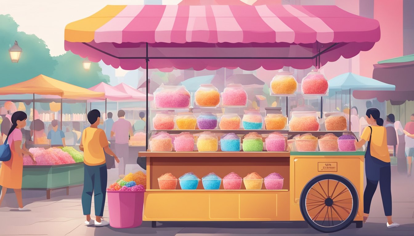 A colorful candy floss sugar display at a bustling market in Singapore. Bright packaging and various flavors are showcased on a vendor's stall