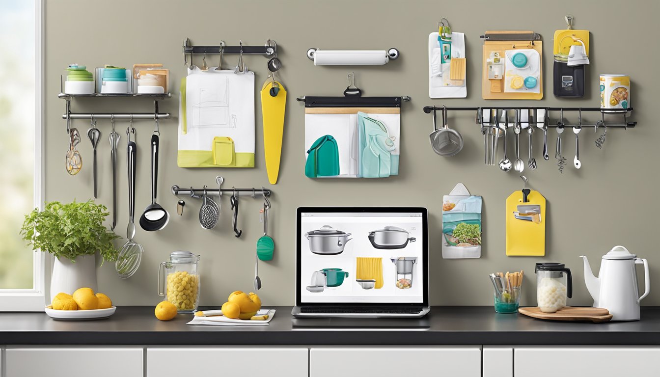 Various household items hang neatly on walls using 3M Command™ hooks. A kitchen utensil rack, a photo gallery, and a key holder all securely attached
