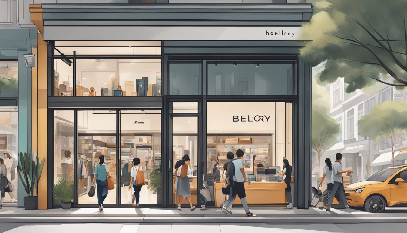 A bustling street in Singapore, with a modern and stylish storefront displaying the Bellroy logo and products. Pedestrians pass by, while the store's large windows showcase the sleek and functional wallets and accessories inside