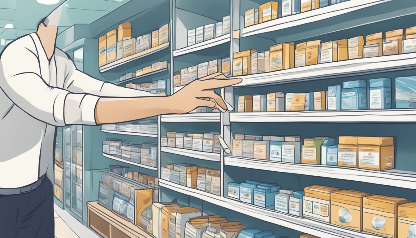 A hand reaching for a box of Tadalafil in a pharmacy in Singapore