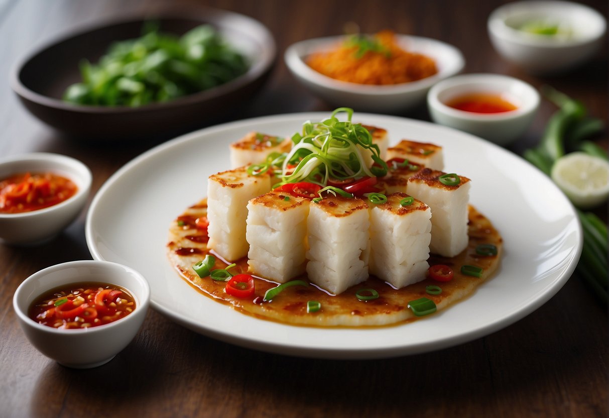 Chinese radish cake being sliced and garnished with scallions and chili oil on a white platter
