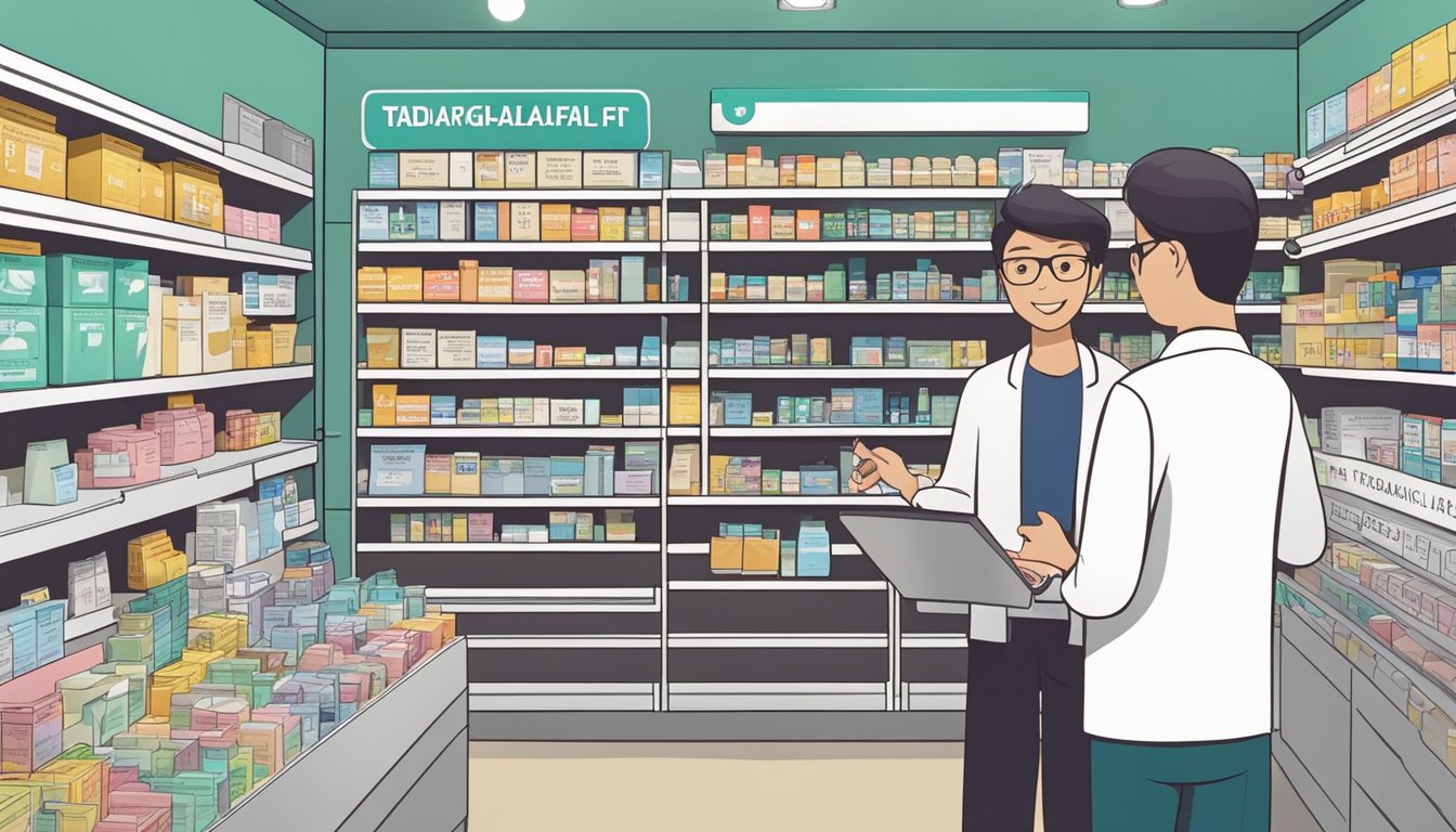 A pharmacy shelf stocked with Tadalafil boxes, a pharmacist explaining its uses to a customer, and a sign indicating "Tadalafil for sale" in Singapore