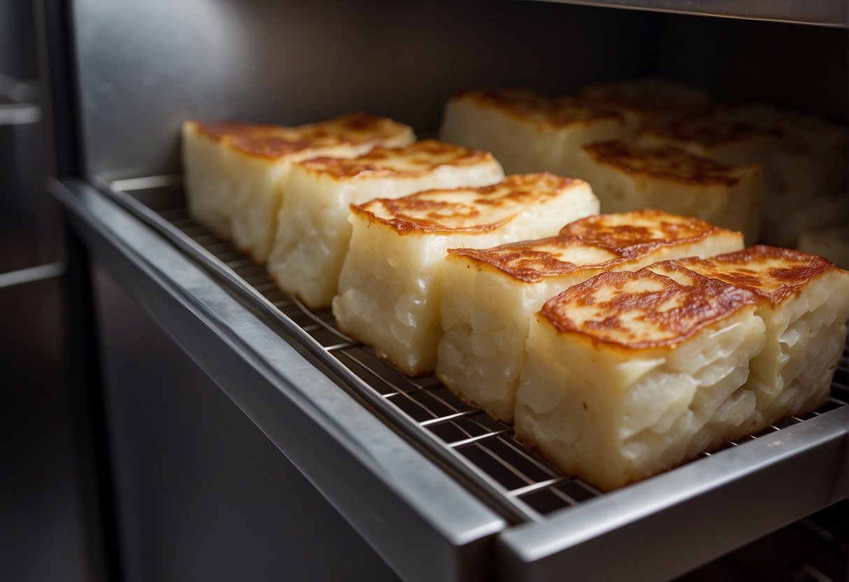 Chinese radish cake being stored in a refrigerator. It is then taken out, sliced, and reheated in a non-stick pan until golden brown