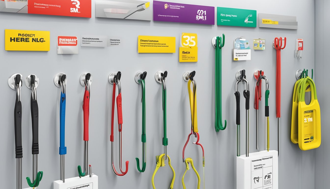 A display of 3M hooks in a Singapore store, with a sign indicating "Frequently Asked Questions" about their purchase