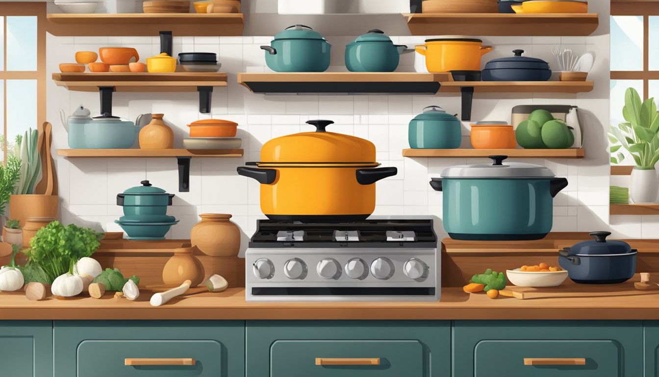 A kitchen counter with a variety of Dutch ovens, surrounded by shelves stocked with cooking ingredients and utensils