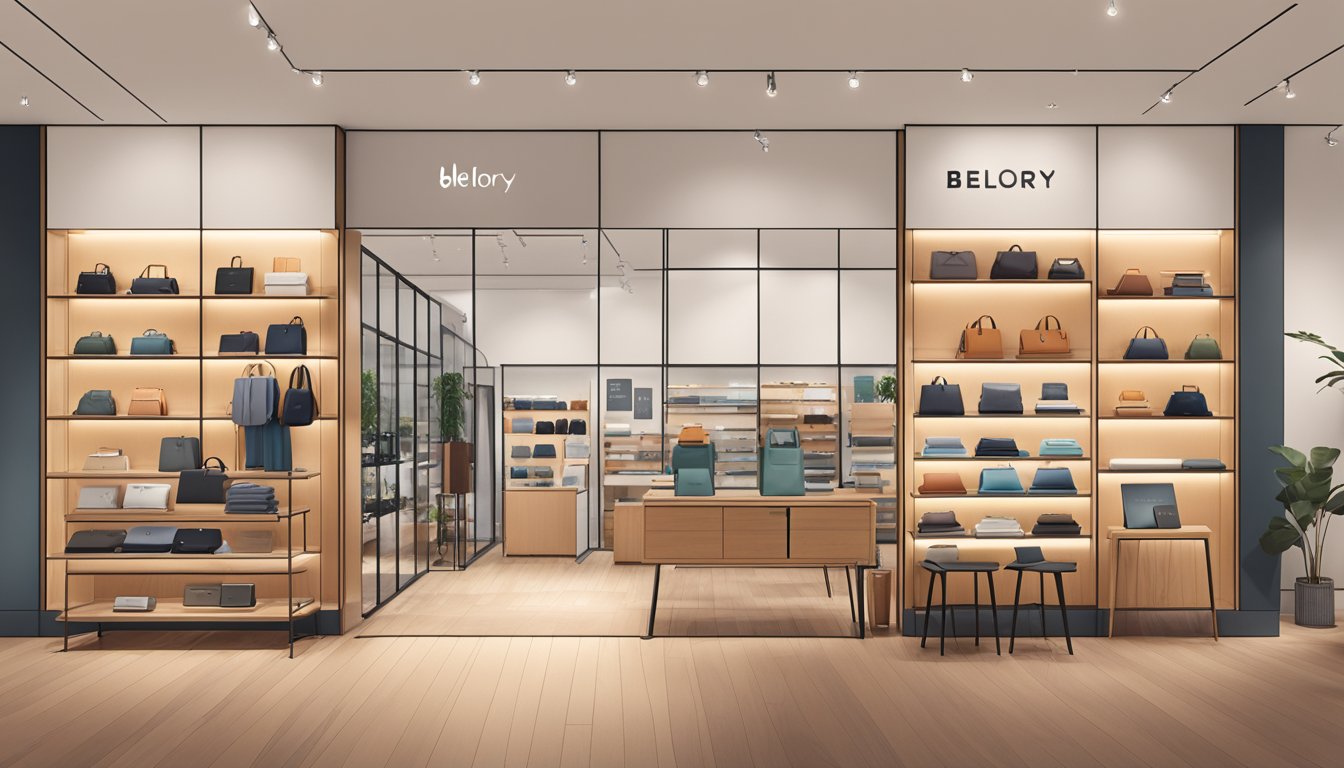 A display of Bellroy products in a sleek, modern store in Singapore. The range includes wallets, bags, and accessories. Clear signage indicates where to purchase the items