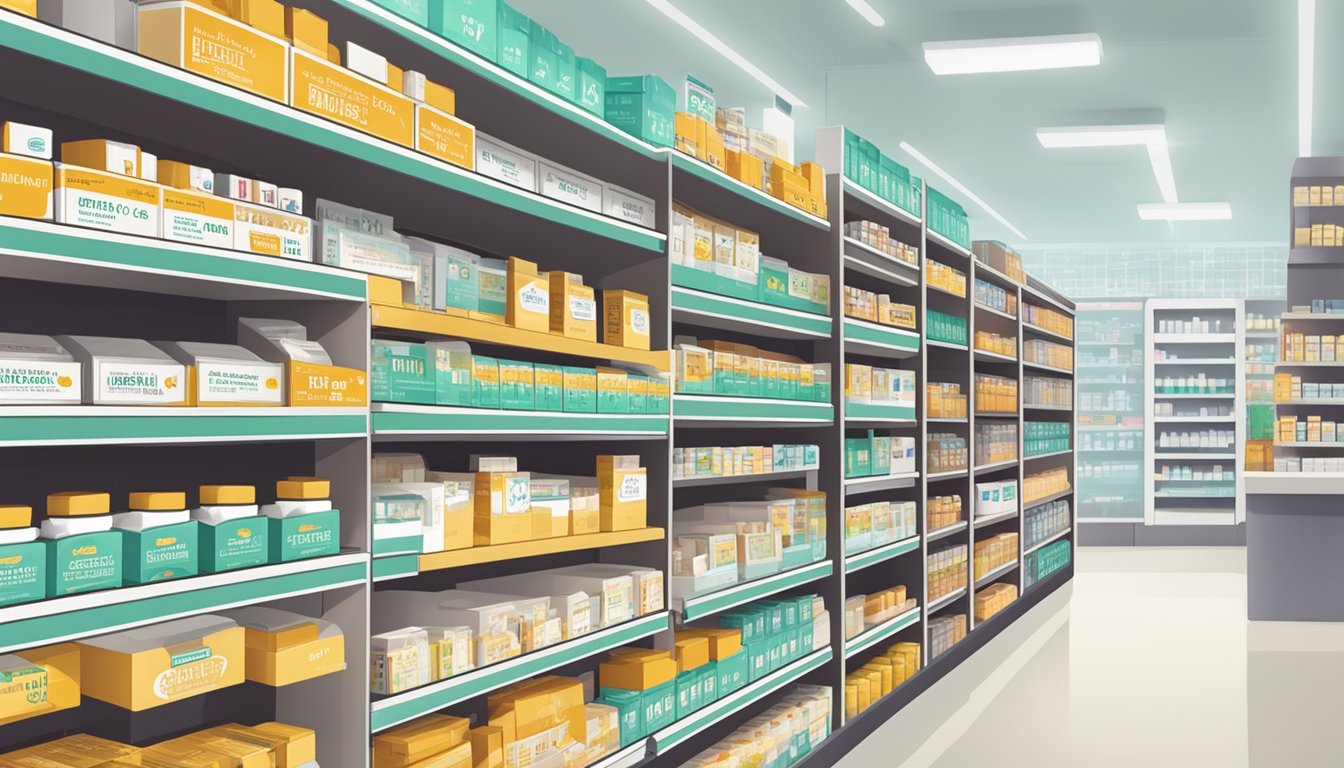A pharmacy shelf stocked with tadalafil boxes, with a sign "Available in Singapore" prominently displayed