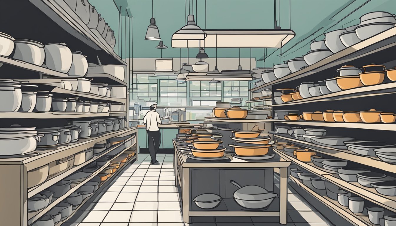 A bustling kitchenware store in Singapore displays Dutch ovens. Shelves are neatly stocked, and customers browse with interest