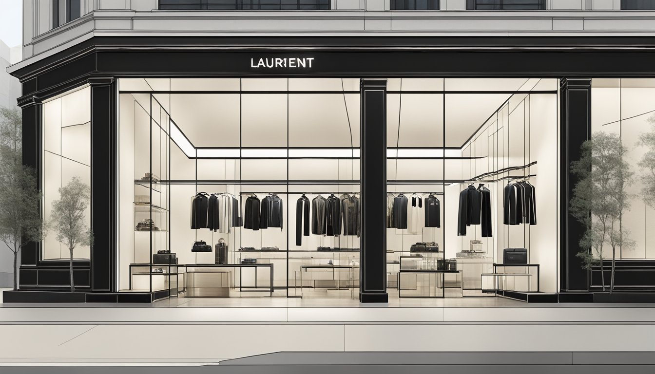 The Saint Laurent Online Boutique in Singapore features sleek, modern architecture with a bold logo displayed prominently. The storefront is adorned with elegant window displays showcasing the latest fashion collections
