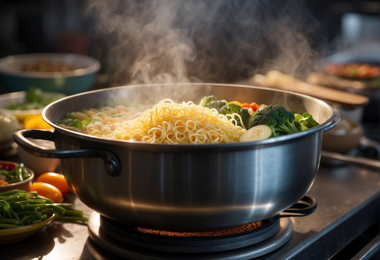 Steam rises from a large pot of boiling water as fresh Chinese ramen noodles are being cooked. A variety of colorful vegetables and seasonings are laid out on a nearby table