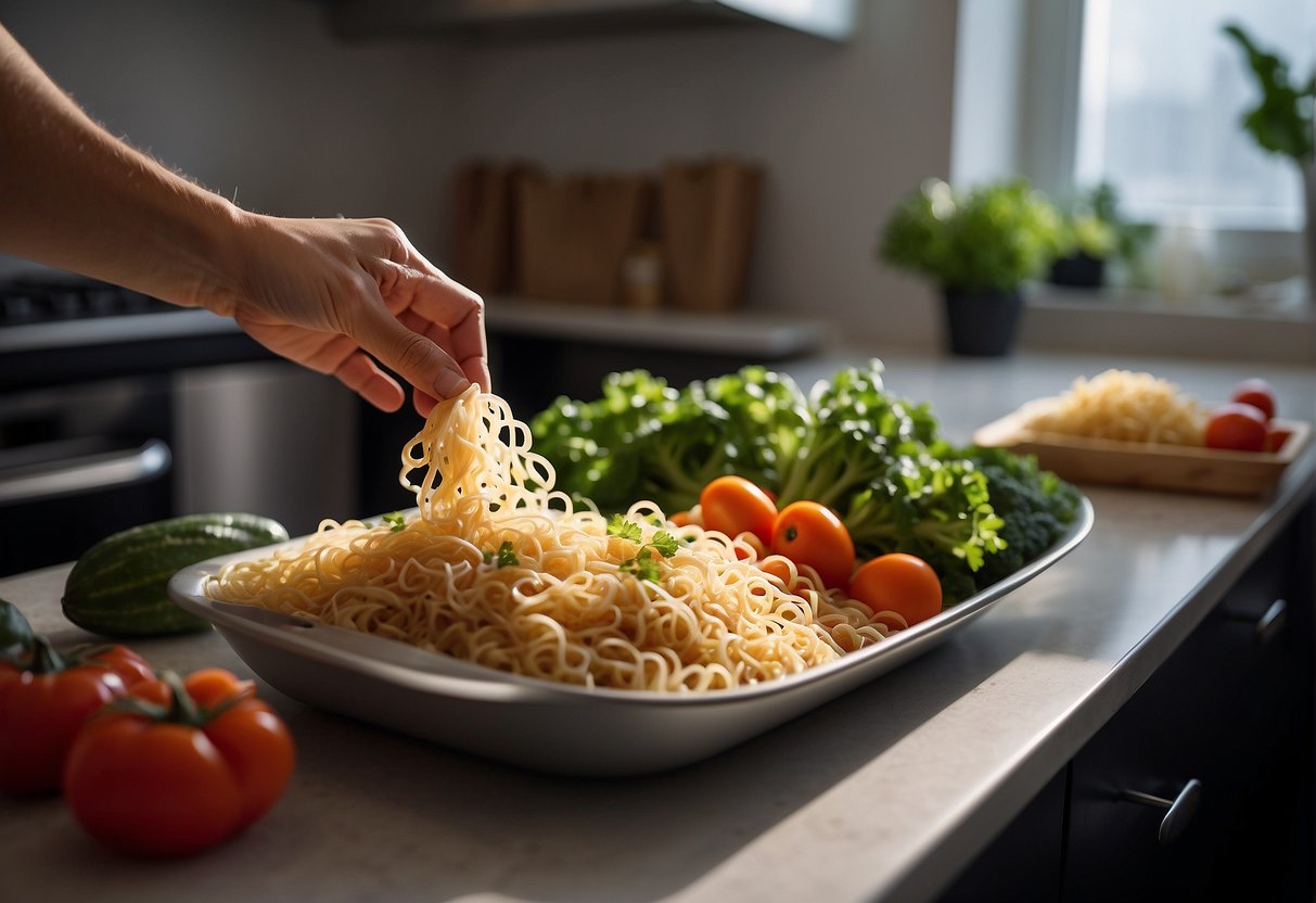 A hand reaches for fresh vegetables and a package of Chinese ramen noodles on a kitchen counter