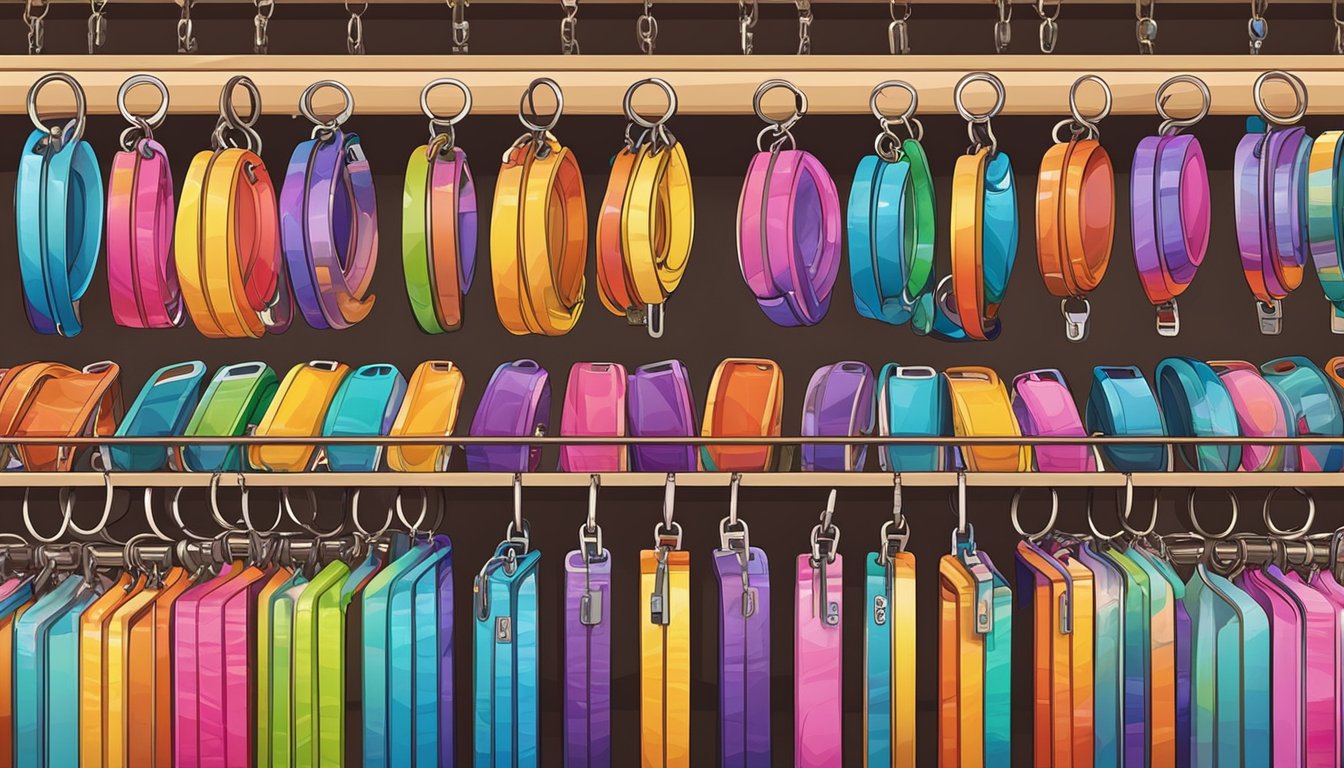 A colorful array of keychains displayed on shelves in a vibrant Singaporean market, with a variety of designs and sizes available for purchase