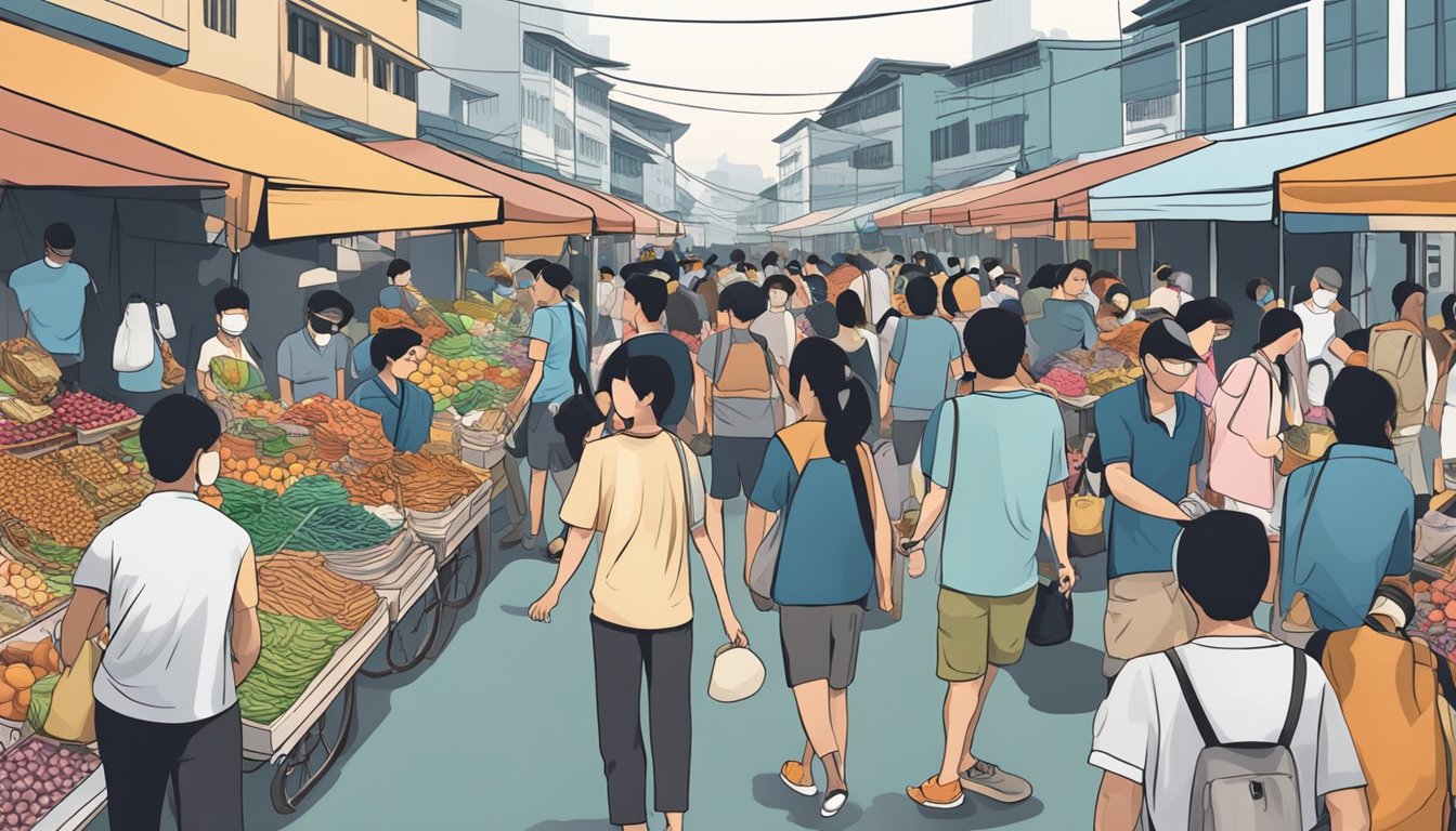 A crowded street market in Singapore, with vendors selling various items. One stall displays anonymous masks for sale