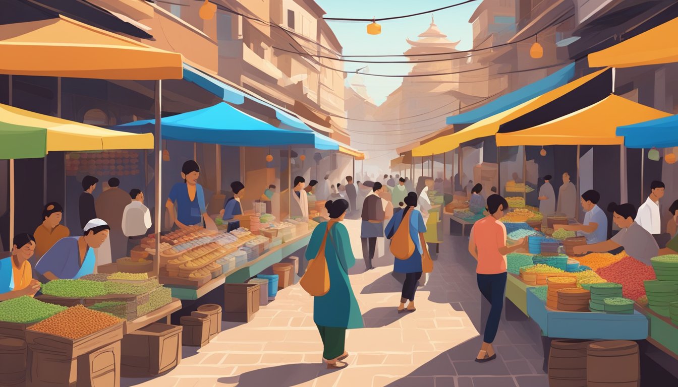 A bustling street market with colorful tea stalls, displaying an array of chai tea blends in traditional clay pots and modern packaging