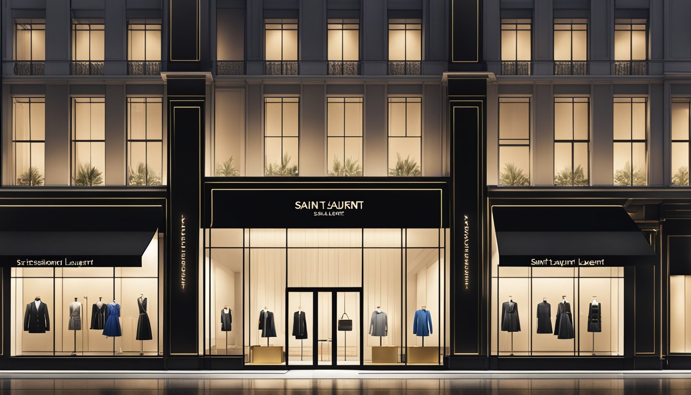 A luxurious storefront with sleek, modern architecture and bold, high-fashion branding. Bright lights illuminate the display windows, showcasing the latest Saint Laurent collections