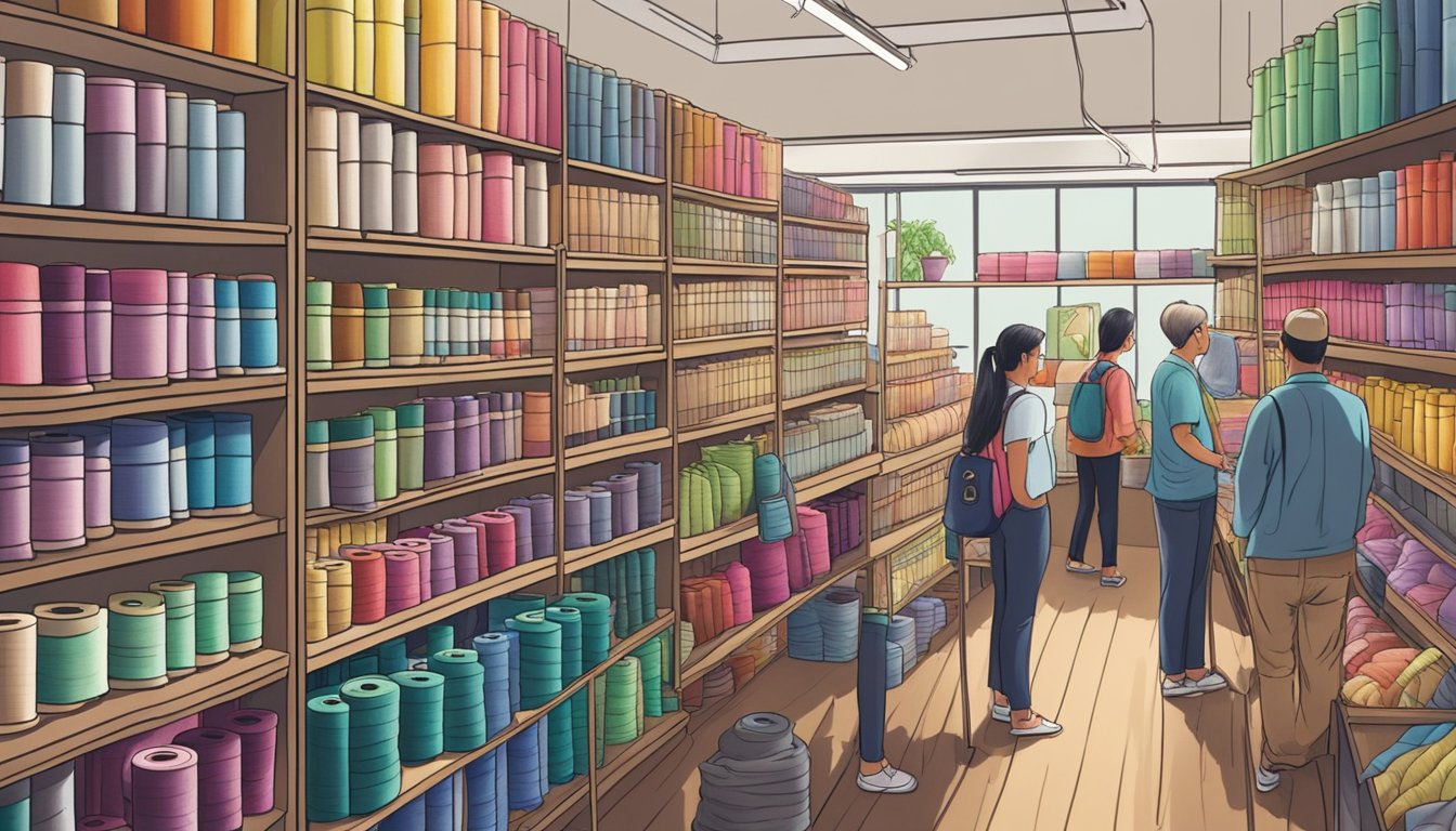 A bustling fabric store in Singapore, shelves stocked with colorful spools of thread, customers browsing and chatting with knowledgeable staff
