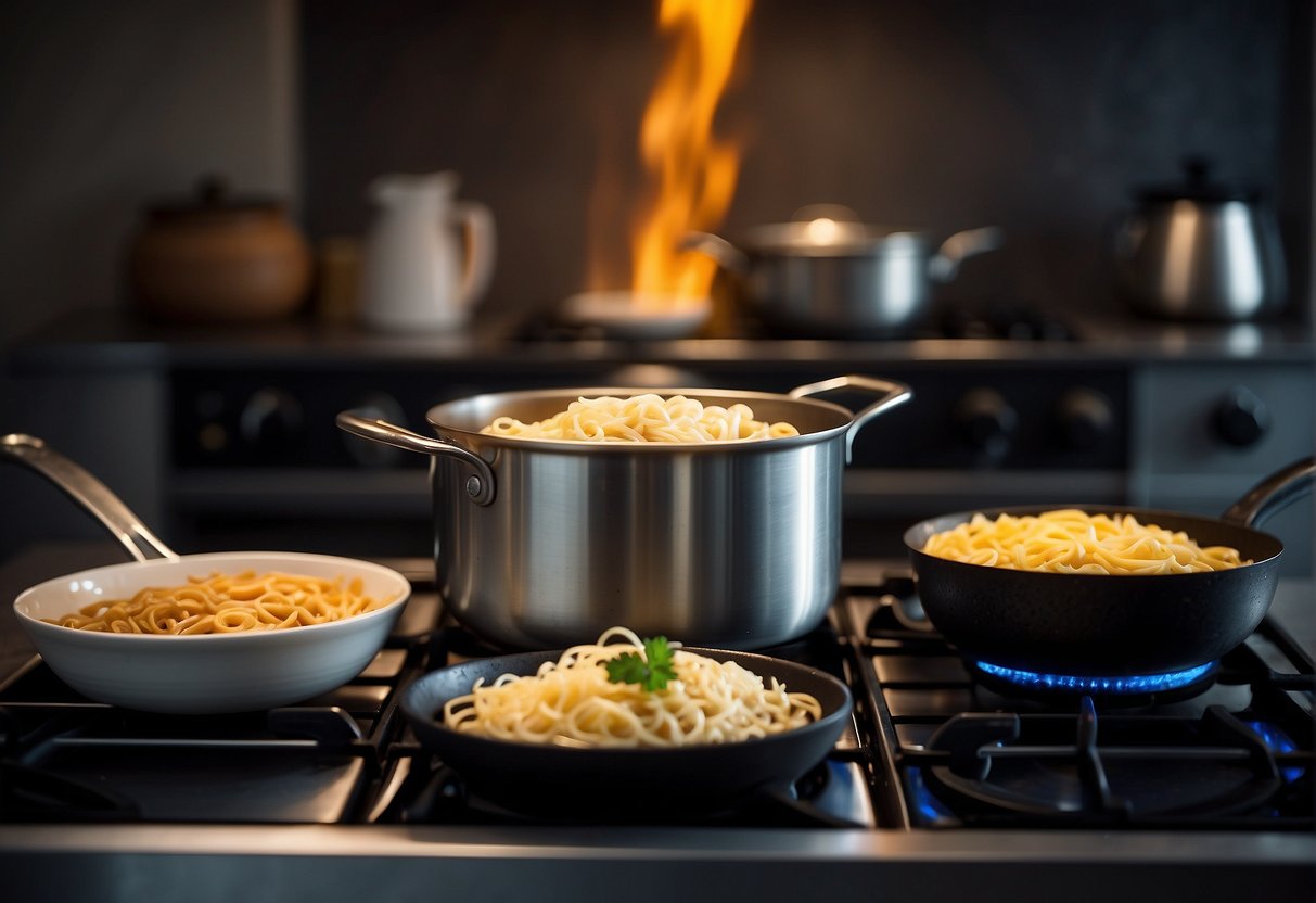 A pot simmers on a stove. Ingredients like ginger, garlic, and soy sauce sit on a counter. Noodles wait in a bowl