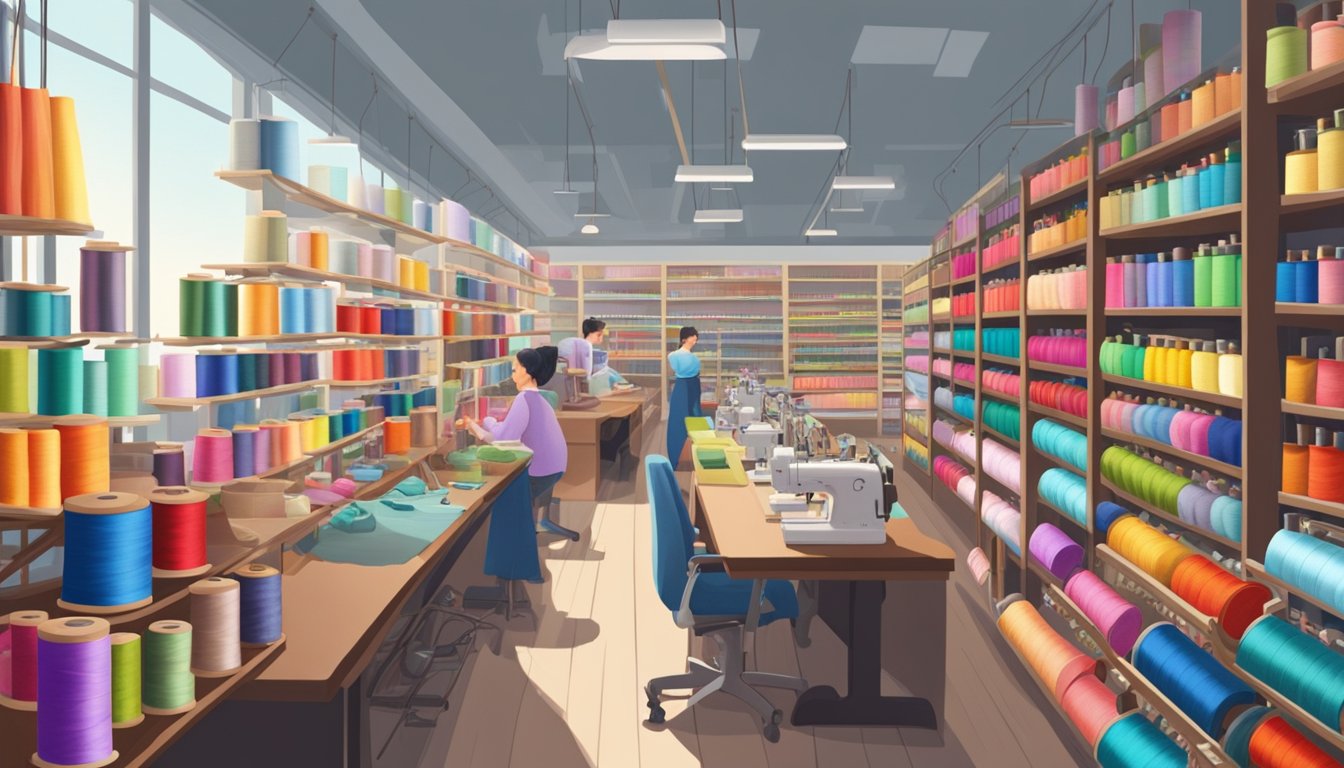 A bustling fabric store in Singapore with shelves lined with colorful spools of thread, sewing machines, and various sewing supplies