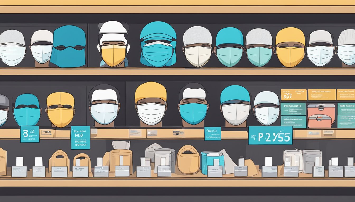 Various mask types displayed in a store in Singapore, including surgical, N95, and cloth masks. Signage indicates considerations for buying anonymous masks