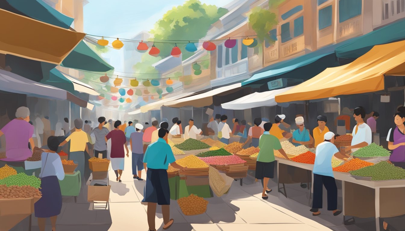A bustling street market in Singapore, with colorful stalls selling fragrant bags of Chai tea. The air is filled with the aroma of spices and the sound of vendors calling out to passersby