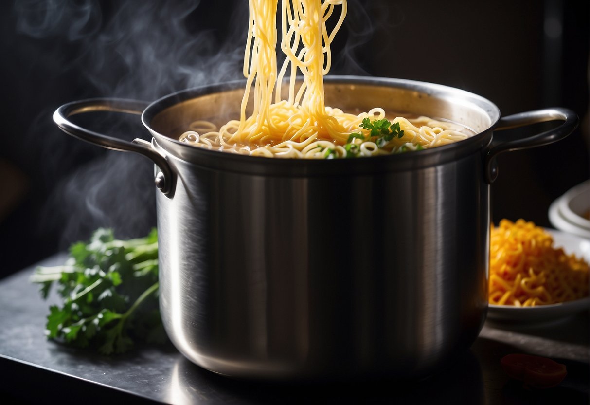 A pot of boiling water with a bundle of Chinese ramen noodles being gently lowered into it. Steam rising from the pot. Ingredients like soy sauce and vegetables nearby