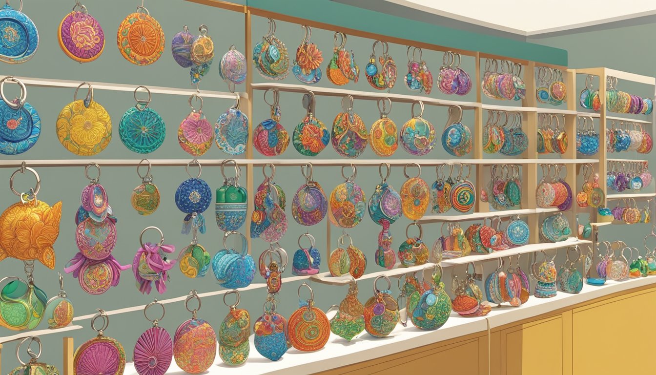 A display of keychains in various shapes and sizes, arranged neatly on a stand at a gift shop in Singapore. Bright lighting highlights the vibrant colors and intricate designs of the keychains