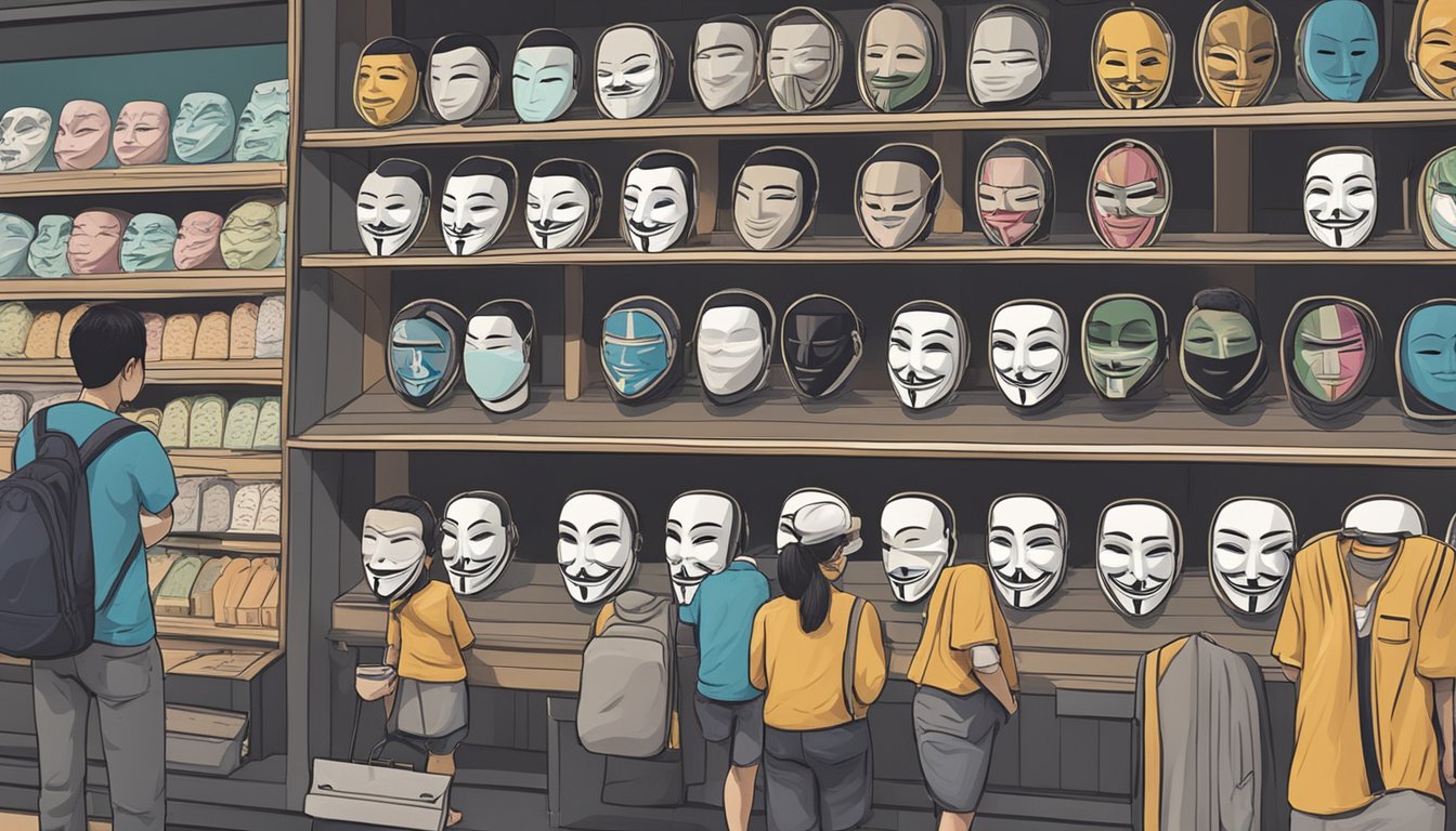 A display of "Anonymous" masks in a Singaporean store, with a sign reading "Frequently Asked Questions: where to buy anonymous mask in Singapore."