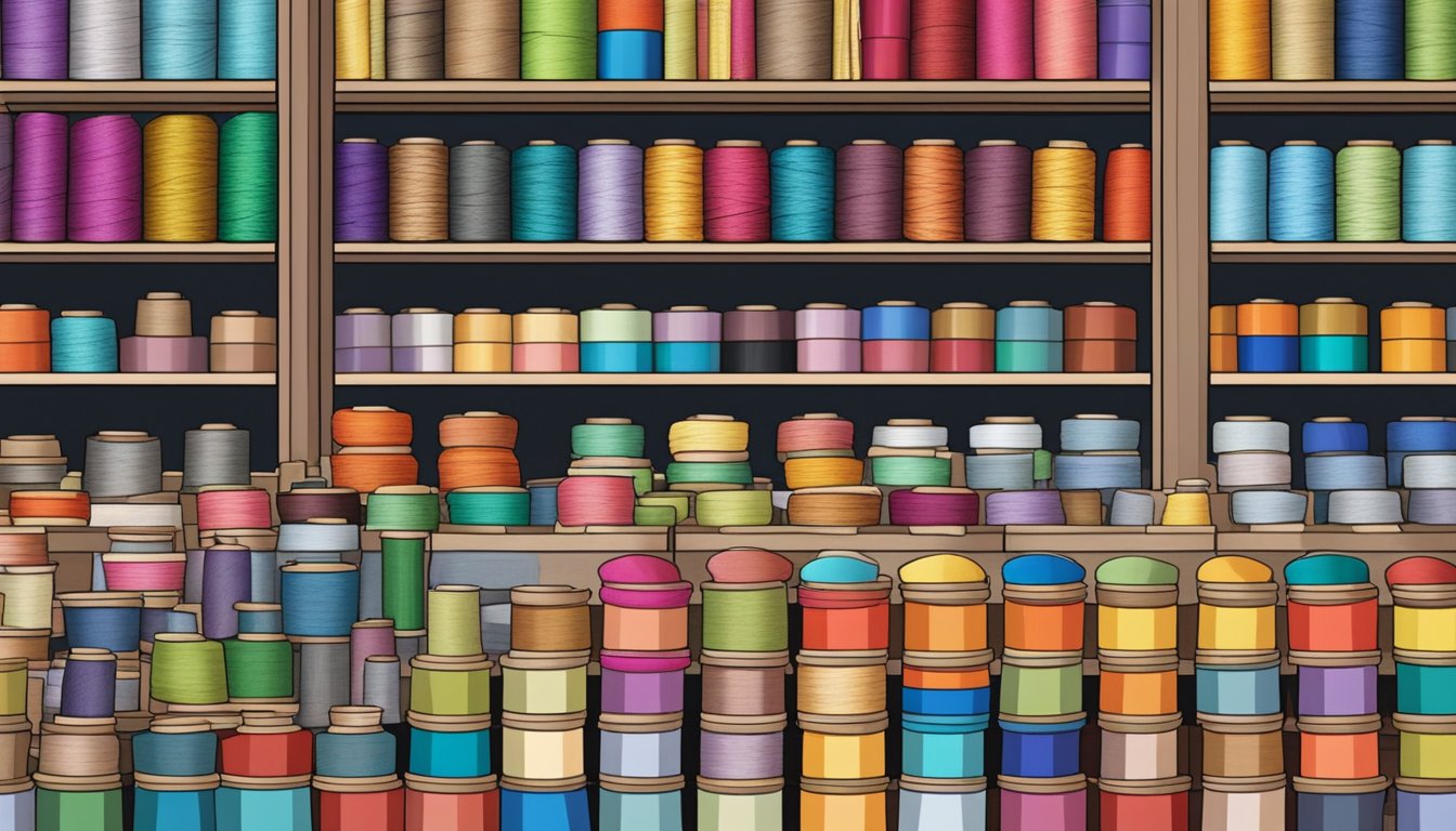 A bustling market stall in Singapore, with colorful spools of thread neatly arranged on shelves, as customers browse and ask questions