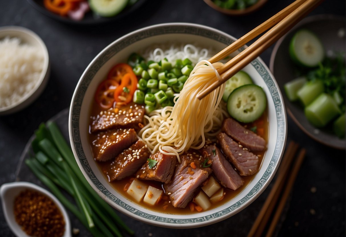 A pair of chopsticks lifting noodles from a steaming bowl, surrounded by various ingredients like sliced meat, green onions, and a sprinkle of sesame seeds