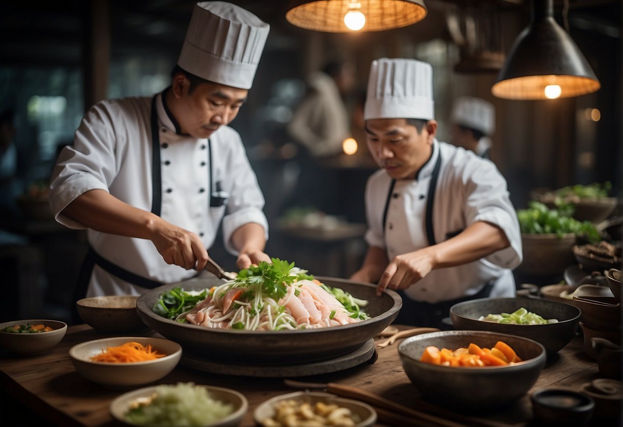 A group of Chinese chefs prepare a traditional raw fish salad, surrounded by historical artifacts and ancient cooking tools
