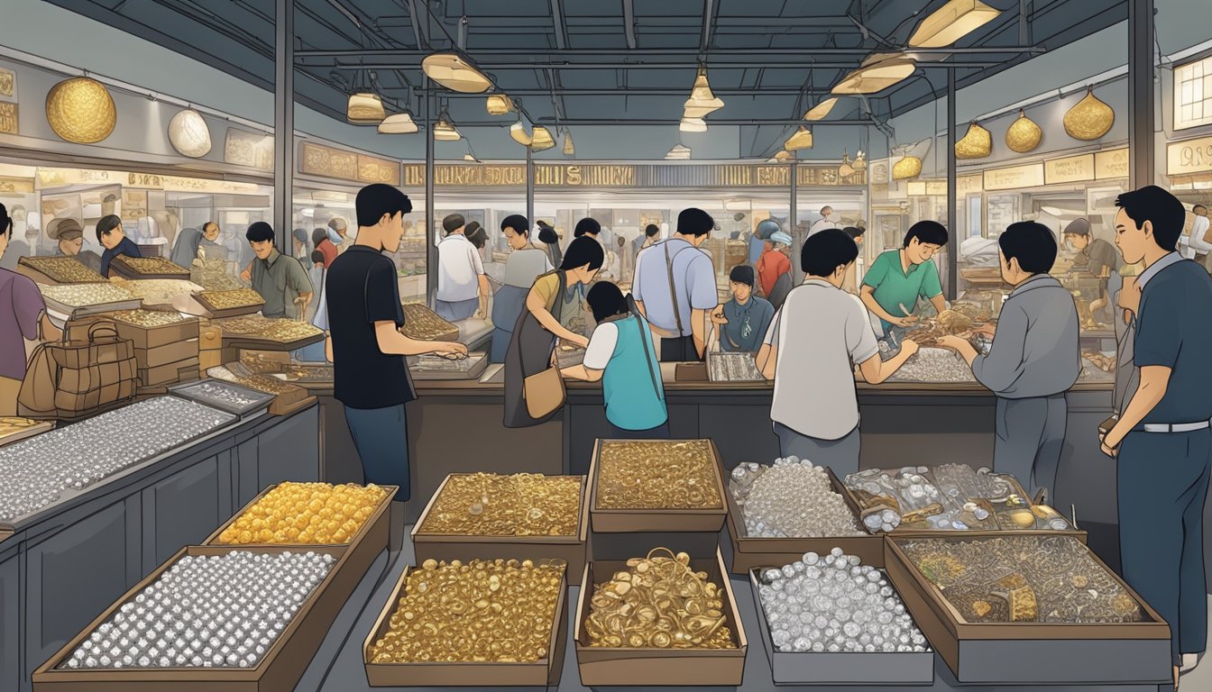 A bustling market stall in Singapore displays an array of silver jewelry and bullion, with eager customers browsing and making purchases