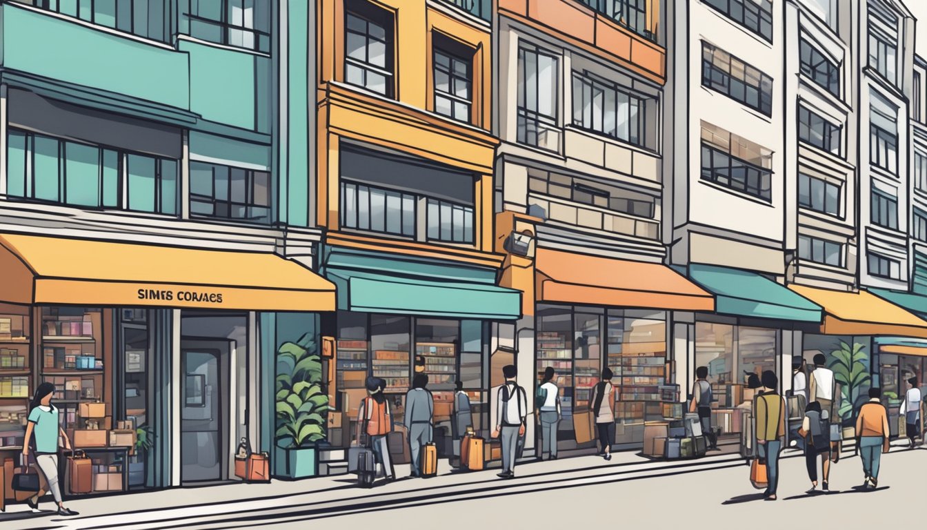 A bustling Singapore street lined with modern storefronts selling sleek briefcases in various styles and colors