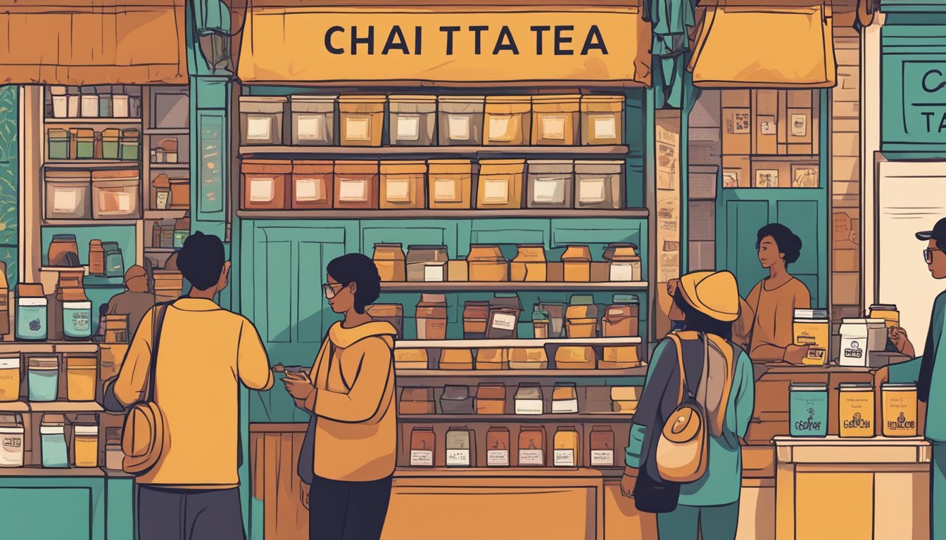A bustling market stall displays various brands of chai tea in vibrant packaging, with customers browsing and chatting with the friendly vendor
