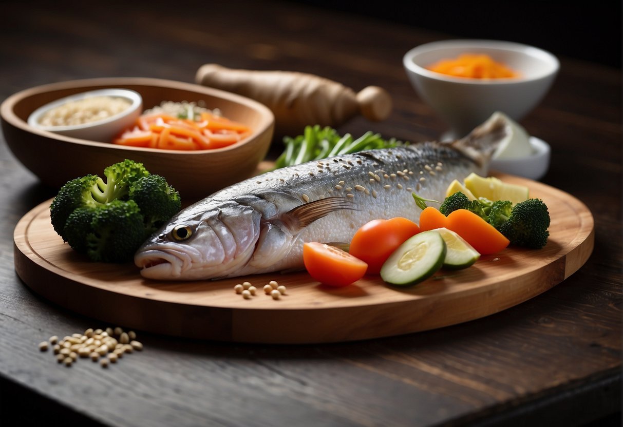 A wooden cutting board with fresh raw fish, sliced vegetables, and a bowl of soy sauce and sesame oil