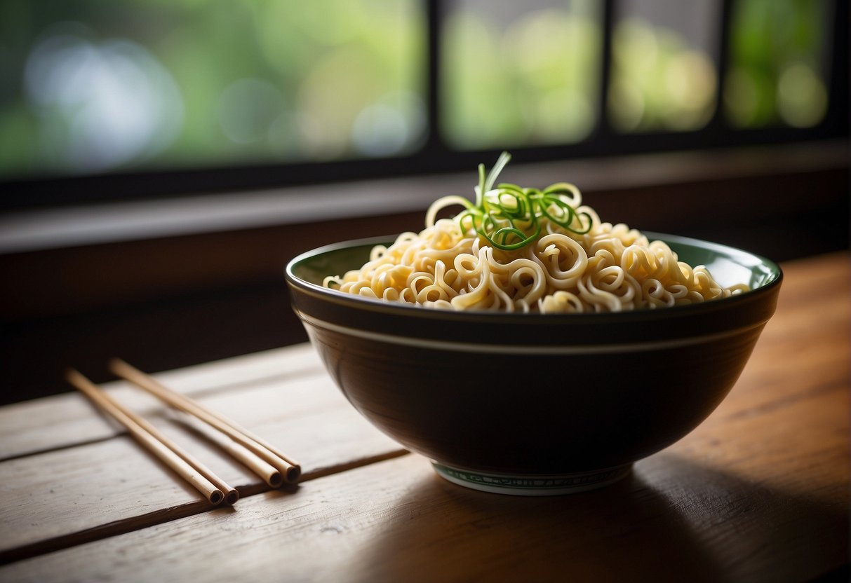 A steaming bowl of Chinese ramen noodles is placed on a wooden table, garnished with sliced green onions, and a pair of chopsticks rests on the side