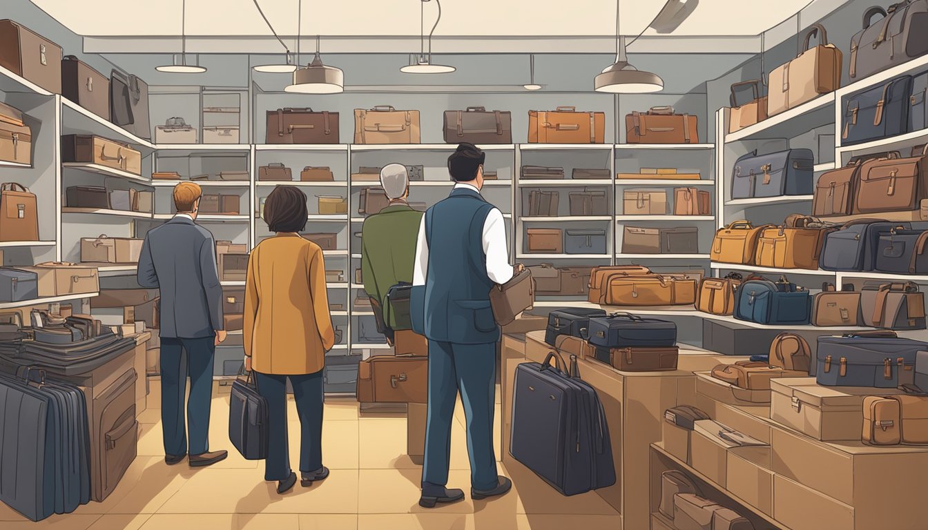 A display of various briefcases in a well-lit store, with shelves neatly organized and labeled by type and price. Customers browsing and a salesperson assisting