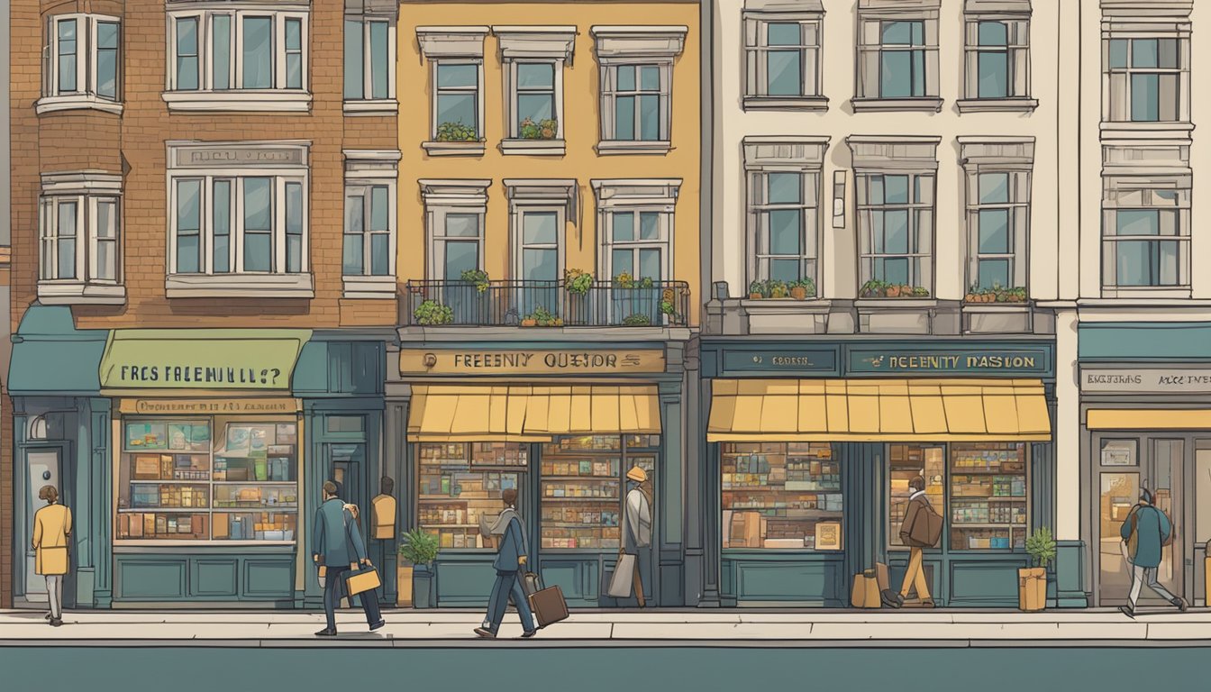 A bustling city street with shops and signs, a person holding a briefcase, and a large "Frequently Asked Questions" sign