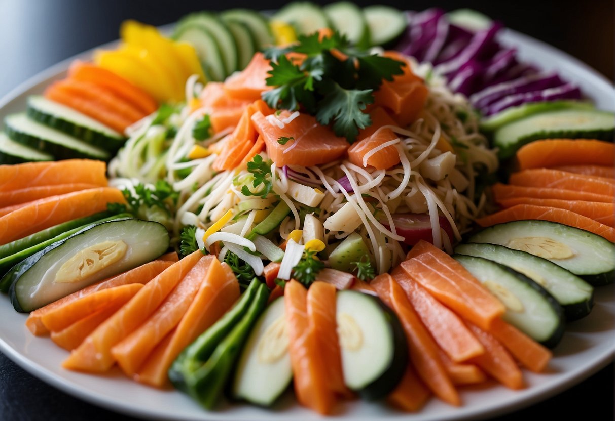 A colorful array of shredded vegetables and fresh raw fish arranged on a large platter, with chopsticks poised to toss the ingredients together in a vibrant display of the Prosperity Toss salad