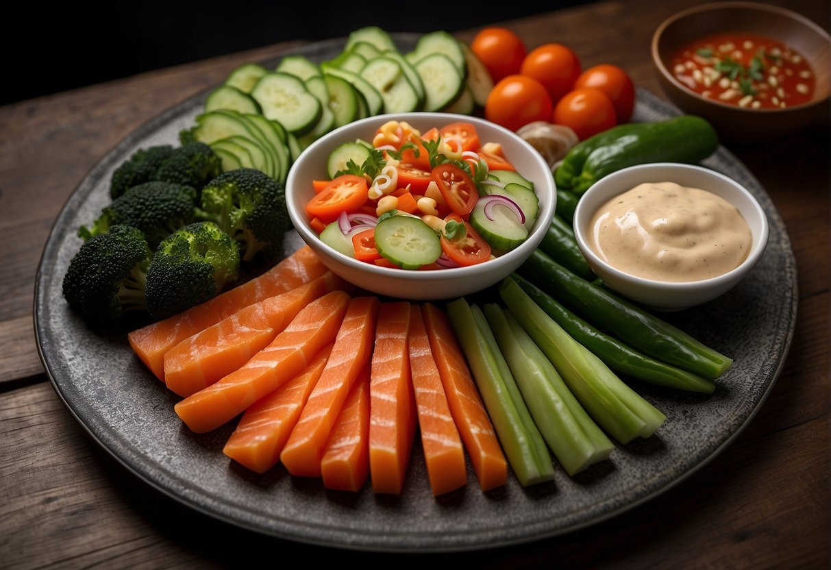 A colorful array of fresh vegetables, sliced raw fish, and tangy dressing arranged on a large platter, surrounded by chopsticks and small bowls for serving