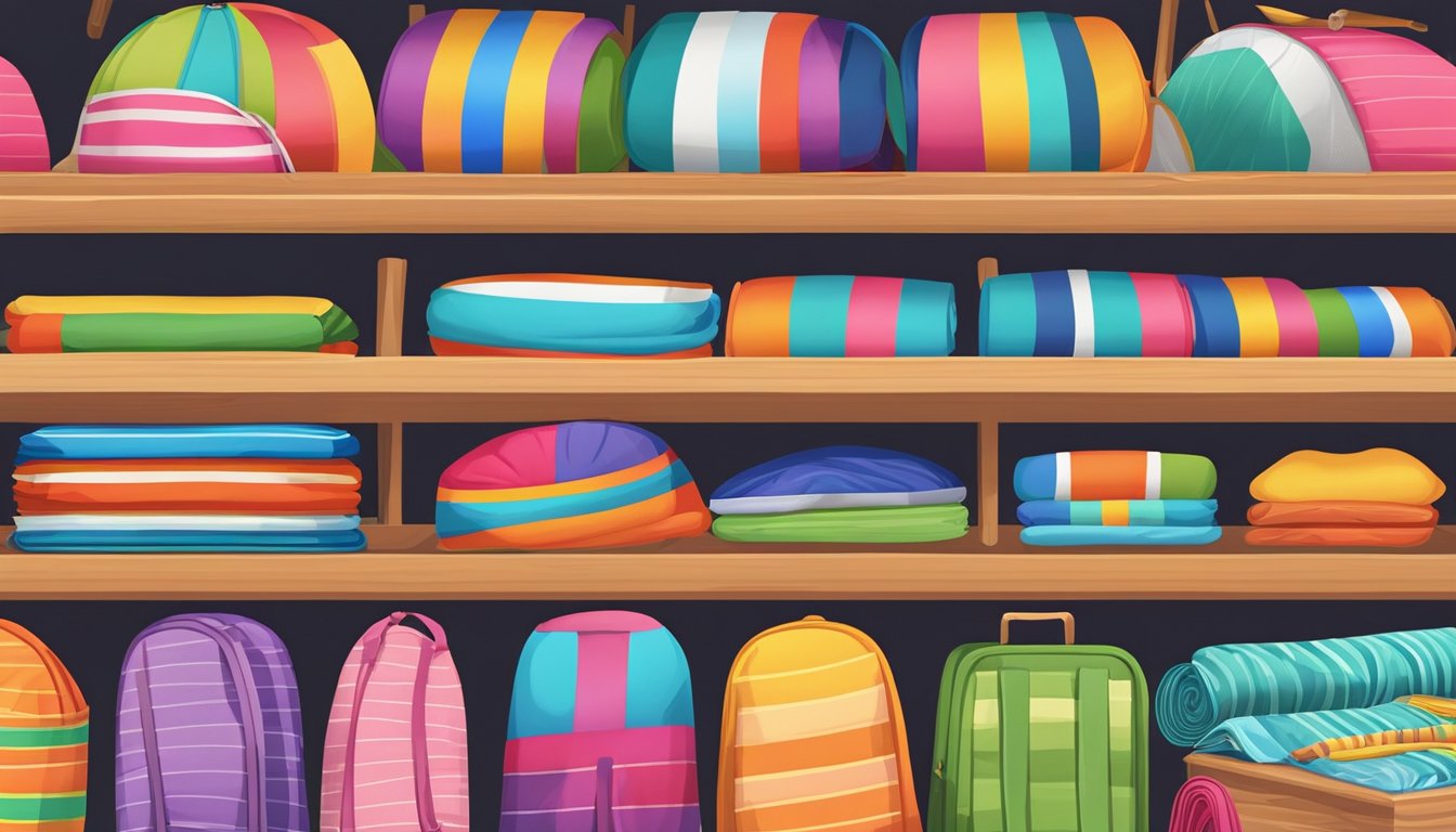 A colorful beach mat displayed on a shelf in a bustling Singaporean market, surrounded by various other outdoor and beach accessories