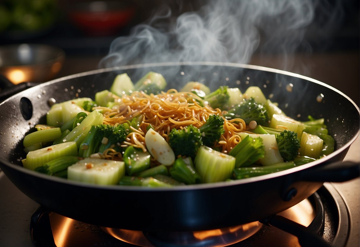 A wok sizzles as celery is stir-fried with garlic, ginger, and soy sauce. Steam rises from the pan, carrying the savory aroma of the Chinese recipe