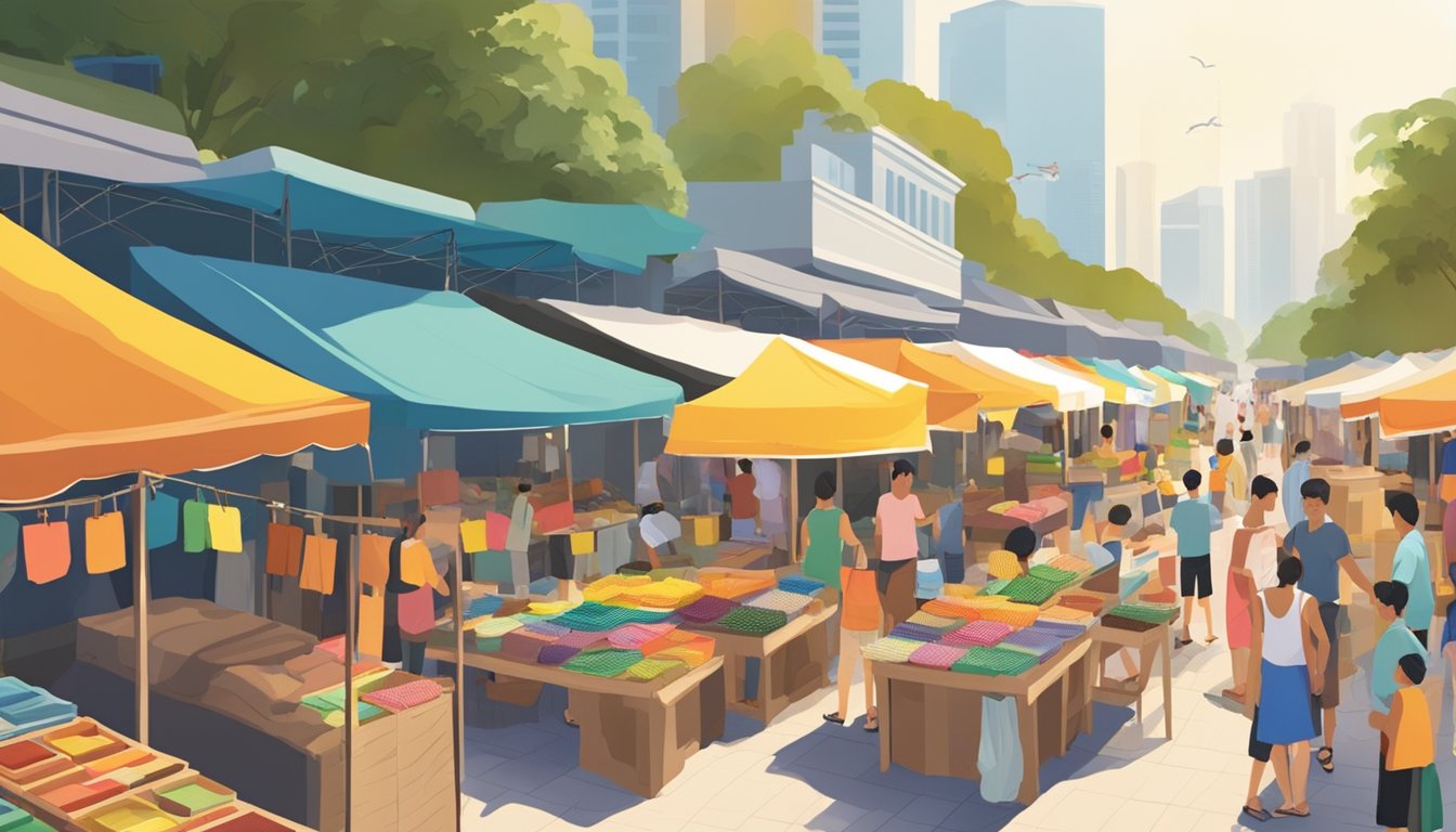 A bustling outdoor market in Singapore, with colorful stalls displaying a variety of beach mats. Customers browse and haggle with vendors under the bright sun