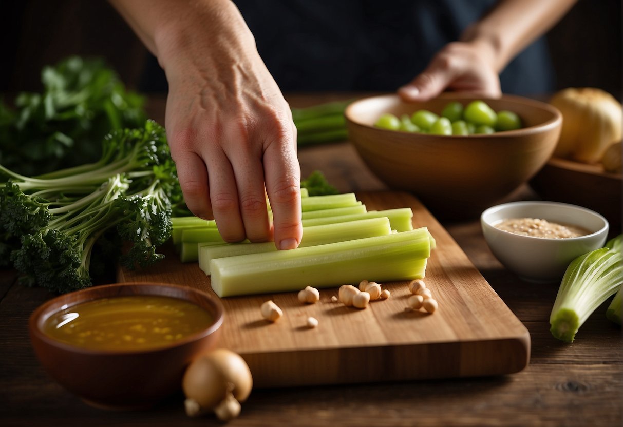 A hand reaches for fresh celery, ginger, and soy sauce on a wooden cutting board, preparing to cook a Chinese recipe