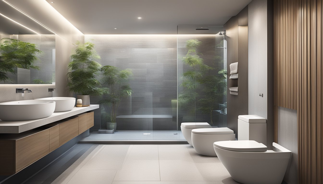 A modern bathroom with a sleek Toto toilet, clean lines, and high-tech features. Showcasing the benefits of water efficiency and comfort. Available for purchase in Singapore