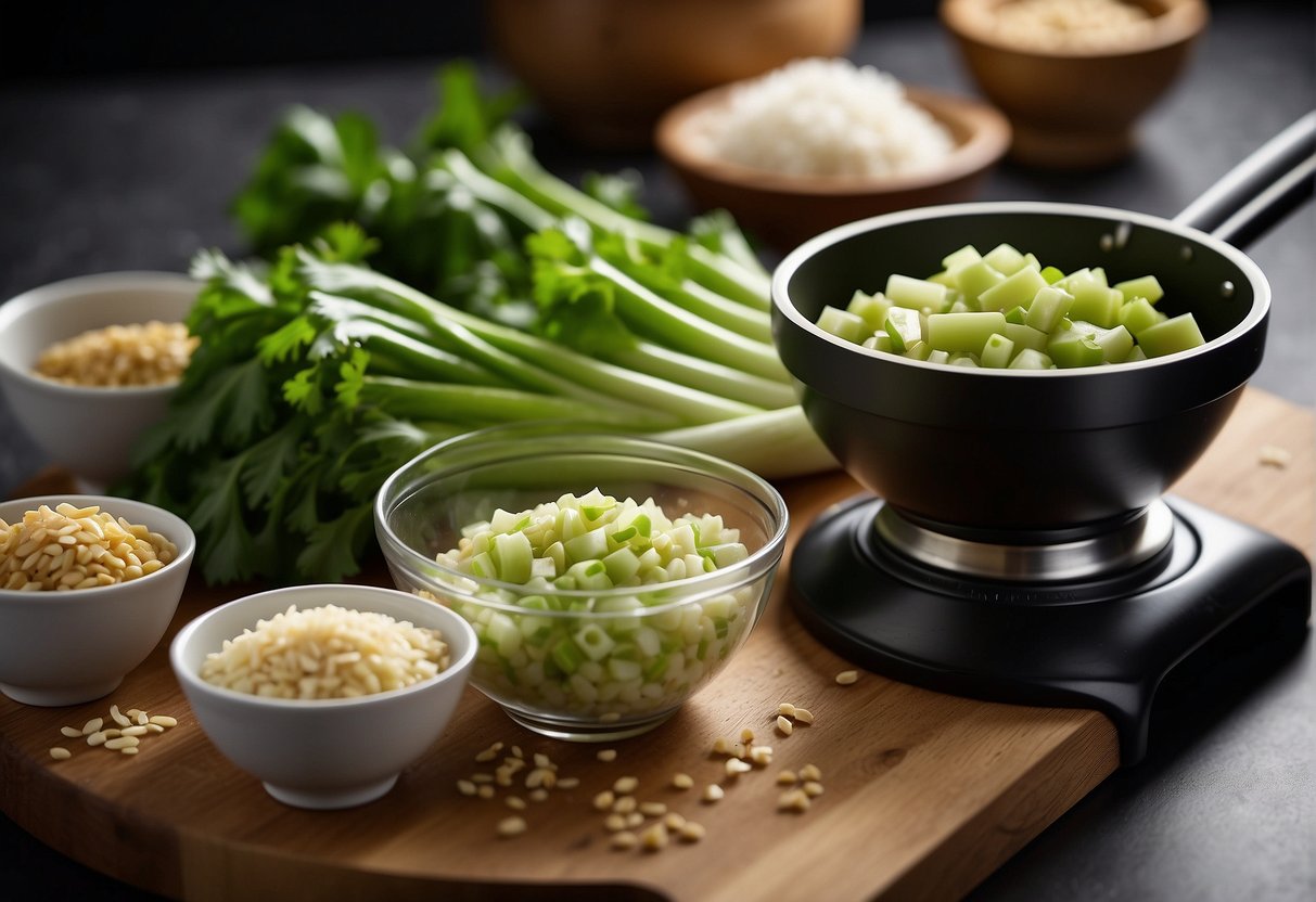 Chopped celery on cutting board, garlic and ginger in a mortar, soy sauce and sesame oil in small bowls, and a wok heating on the stove