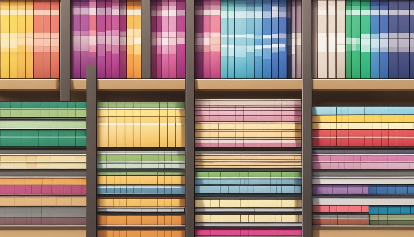 A stack of colorful cardstock paper displayed on shelves in a well-lit store in Singapore. Labels indicate different weights and sizes