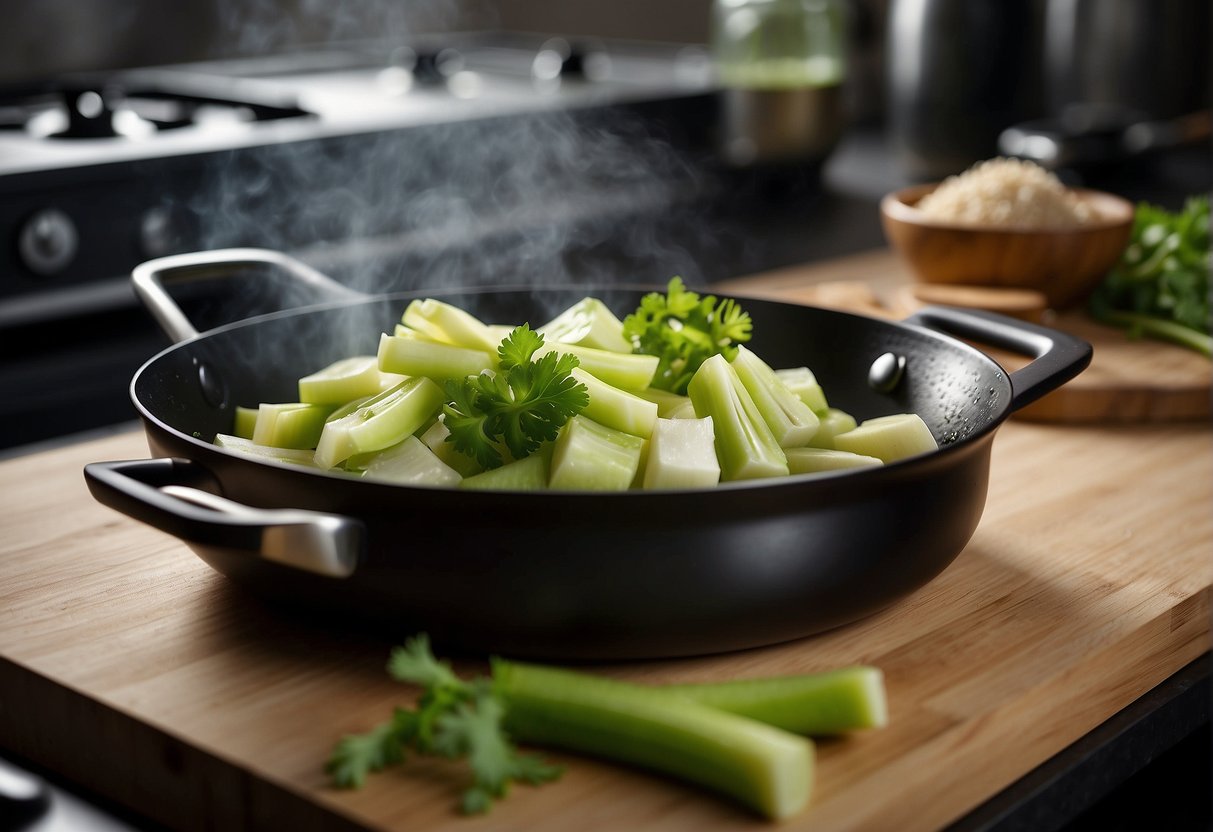 Chinese recipe: celery stir-fried in wok with garlic, ginger, and soy sauce. Chopping board with celery, garlic, and ginger. Wok on gas stove