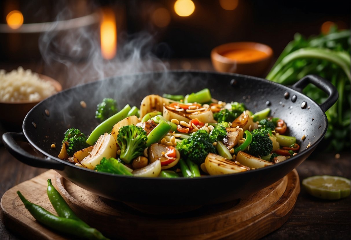 A wok sizzles with stir-fried celery, garlic, and ginger. A splash of soy sauce adds depth to the vibrant green dish