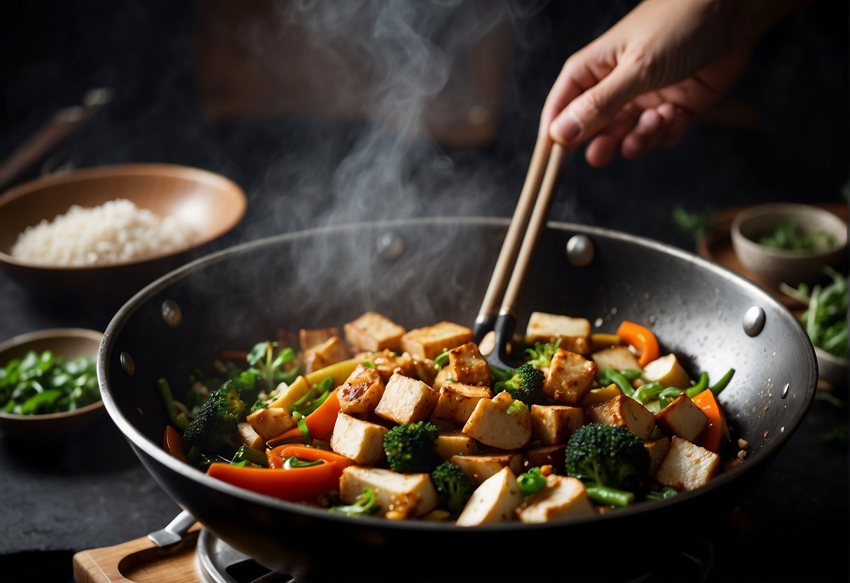 A wok sizzles with stir-fried vegetables and tofu. Steam rises from a pot of fragrant rice. A chef's knife chops fresh ginger and garlic