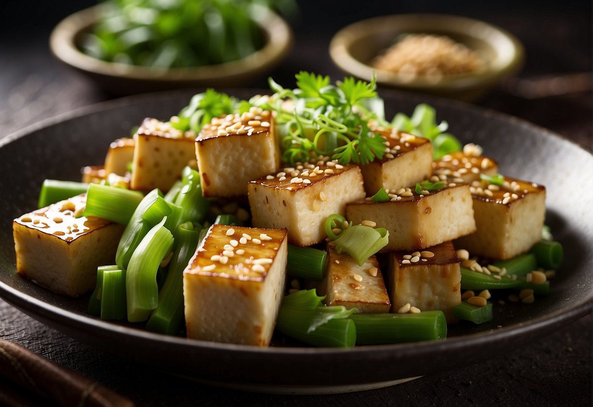 A platter of stir-fried celery and tofu, garnished with sesame seeds and green onions, placed on a traditional Chinese serving dish